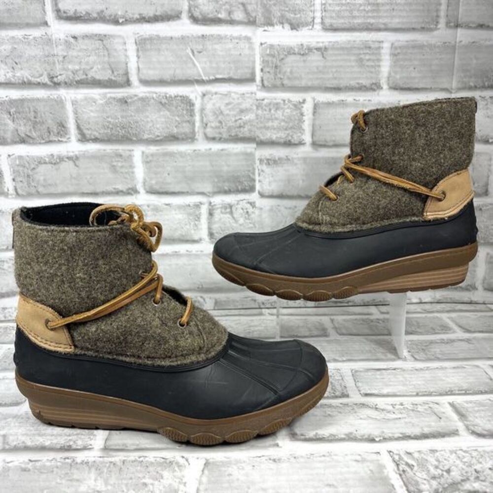 Sperry Black Rubber & Olive Wool Waterproof Winter Boots with Brown Trim